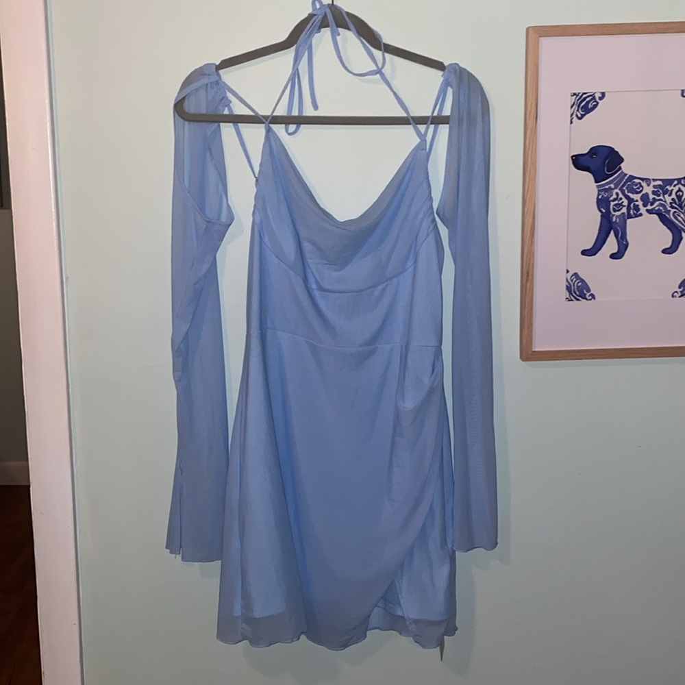 PARTHEA Blue Mini Dress Long Sleeves Draped Collar Flare Sleeve Split Hem Mesh